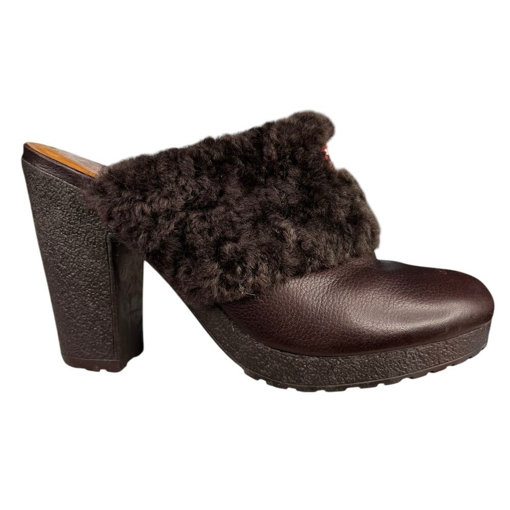 Hunter Women’s Bruson Brown Leather Shearling Lined Mule Size US 9